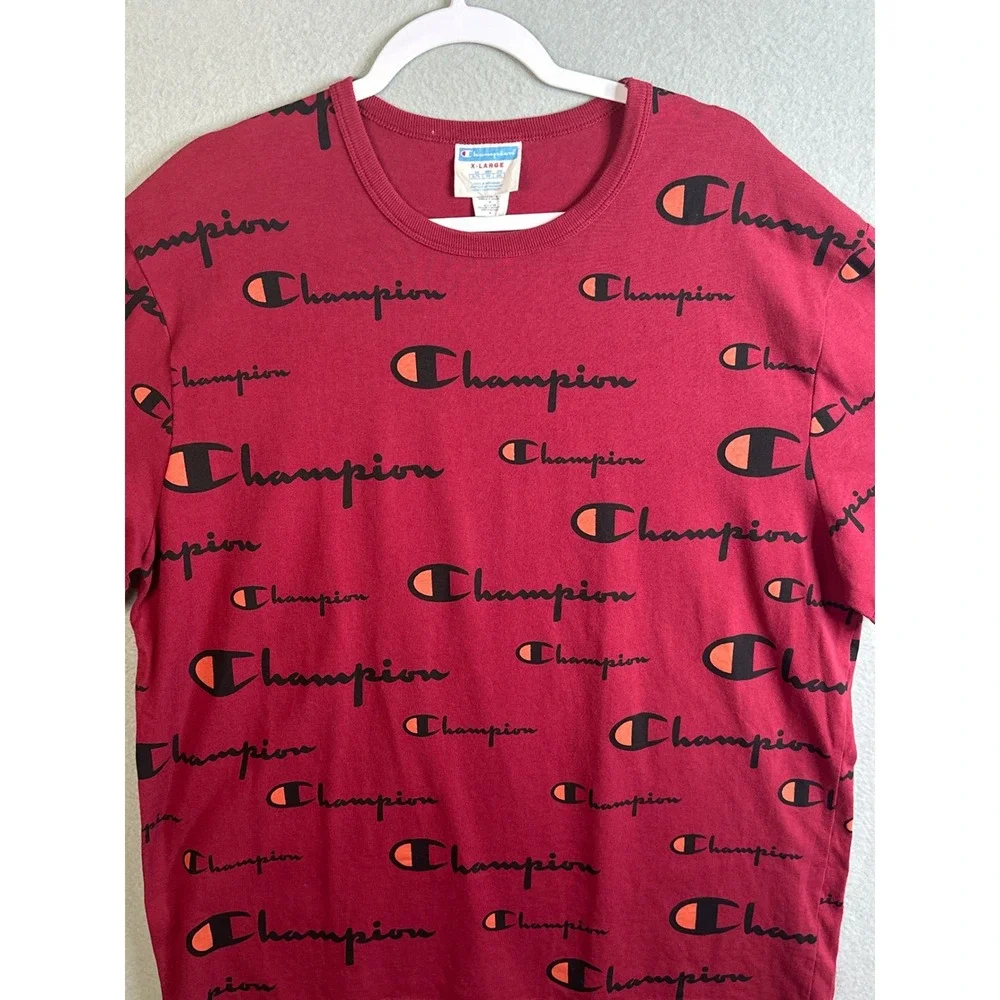 Champion Mens XL Maroon All Over Print Script Logo Short Sleeve‎ T-Shirt Cotton - Picture 2 of 7